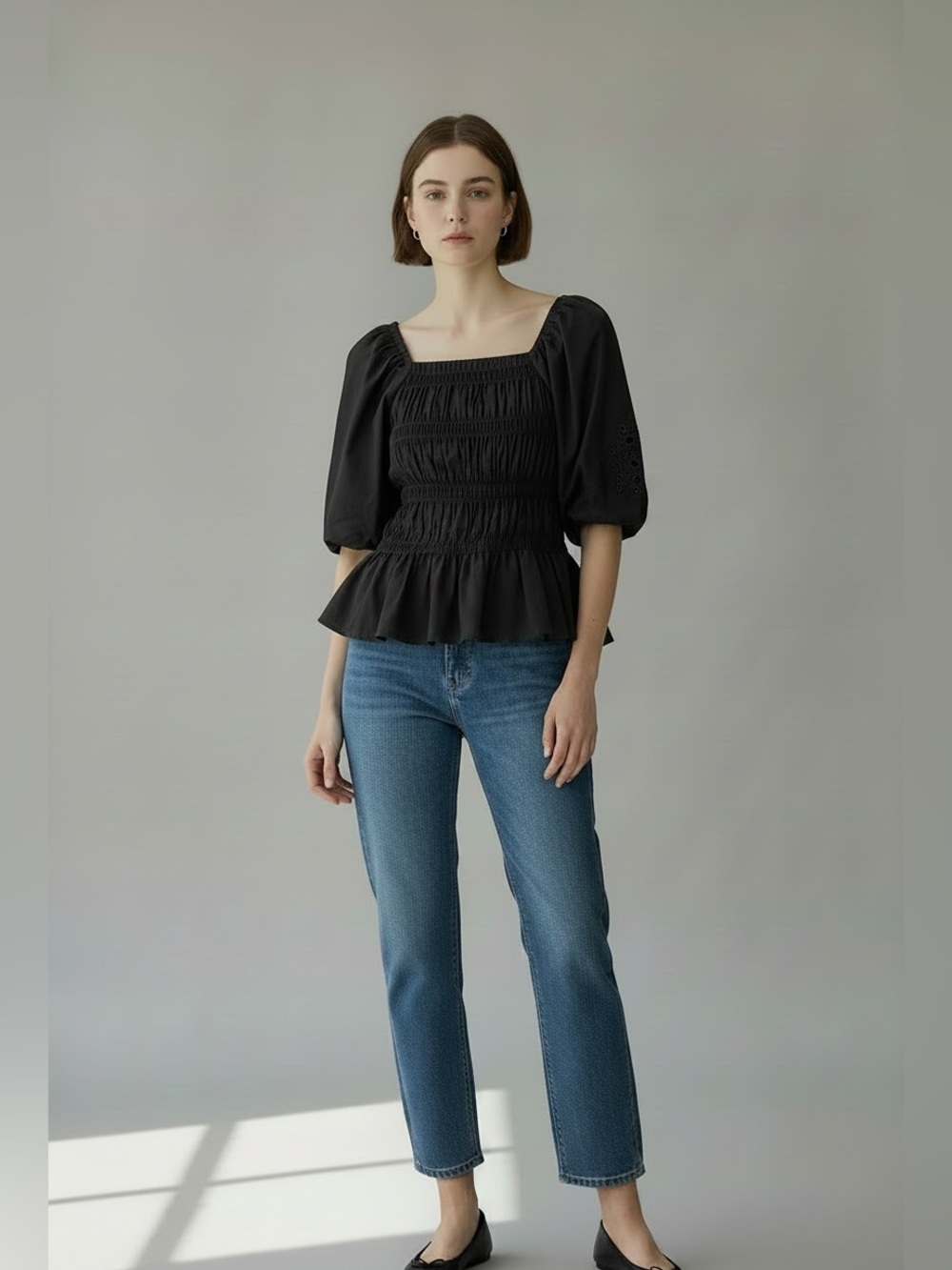 Marc New York Black Puff Sleeve Smocked Peplum Top, Size Large